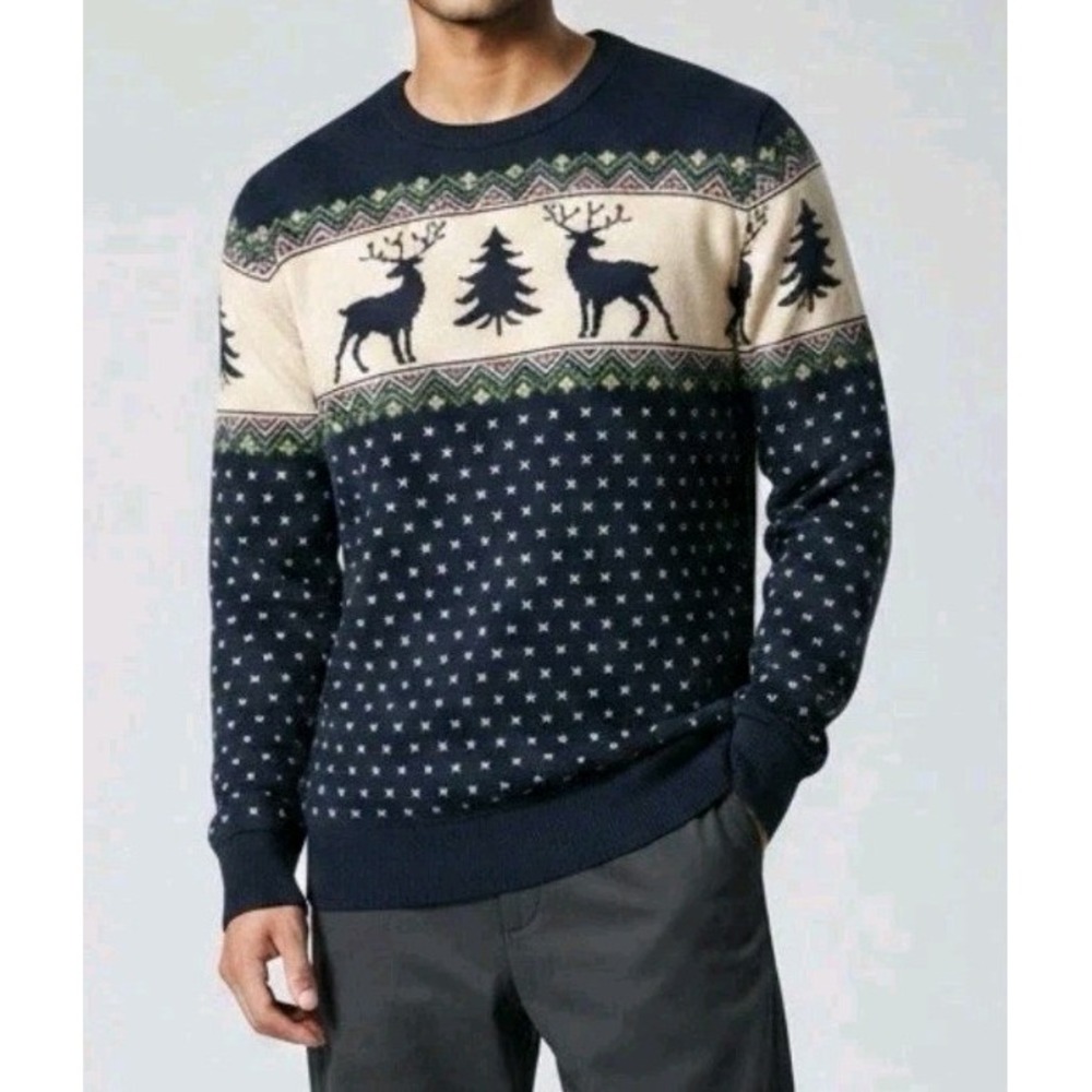 Aspen Mens Reindeer Fair Isle Holiday Cotton Sweater Sz M Allover Print Winter